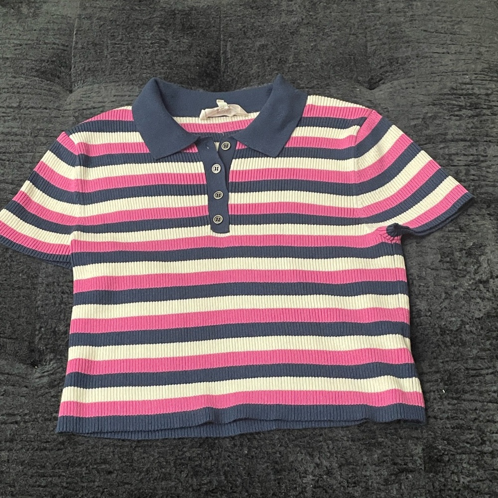 Women's Striped Button Down Shirt - Pink, White, and Navy